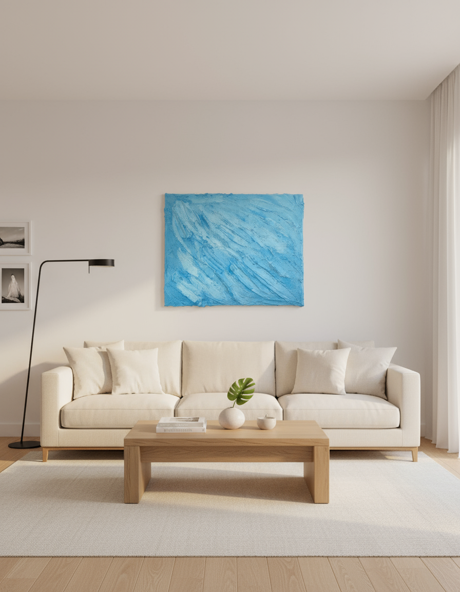 Sala moderna com quadro azul texturizado